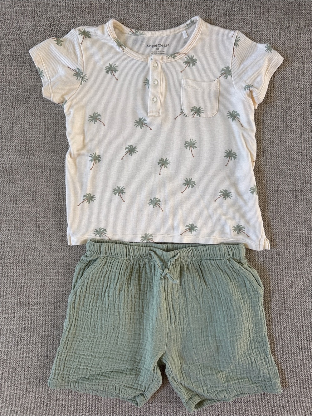 Angel Dear Cream Palm Print Top & Sage Green Shorts Matching Set